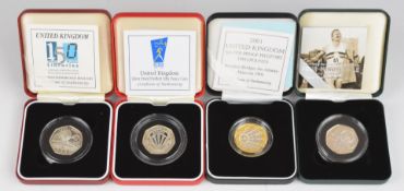Four Royal Mint silver proof piedfort coins comprising a Four Minute Mile 50p, Wireless Bridges