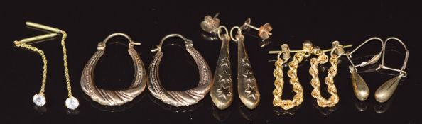Five pairs of 9ct gold earrings including rope twist, hoop, etc, 5.1g