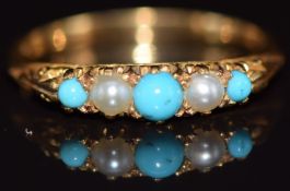 An 18ct gold ring set with turquoise and split pearls, 2.3g, size M