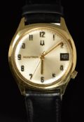 Bulova Accutron gentleman's wristwatch ref. M9 with date aperture, gold hands, Arabic numerals,