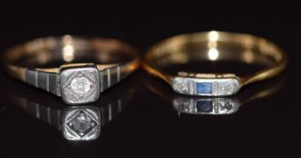 Art Deco 18ct gold ring set with a sapphire and diamonds in a platinum setting and an 18ct gold ring