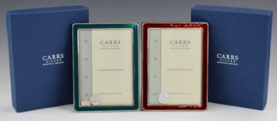 Two modern hallmarked silver and enamel style photograph frames to suit 5 x 3½ inch photos, both