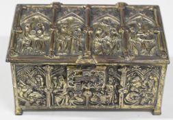 Silver plated miniature novelty casket with embossed style scenes to each panel, marked to base '