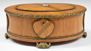 19thC French kingwood and ormolu oval parquetry jewellery box with silk lining and enamelled central