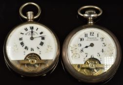 Two Hebdomas patent silver keyless winding open faced pocket watches each with visible escapement,