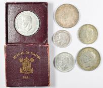 Six coins comprising 1937 George VI Coronation crown, George V 'rocking horse' crown, 1951