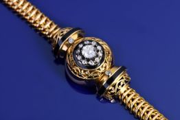 Jaeger LeCoultre 18ct gold wristwatch, the case set with rose cut diamonds and black enamel, opening