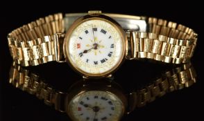 Unnamed 9ct gold ladies wristwatch with gold hands, Roman numerals, gilt decorated white dial and