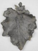 Art Nouveau pewter figural lily or similar leaf dish, with an angel playing a mandolin or similar