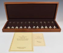 Cased set of 12 hallmarked silver RSPB spoons with gilt portrait of a bird to top of each, London