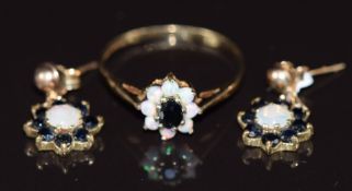 A 9ct gold ring set with a sapphire surrounded by opals (size M) and a pair of 9ct gold earrings