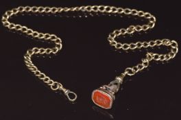 A silver watch chain and rolled gold intaglio seal set with carved agate