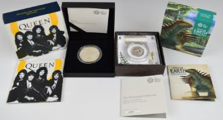 Royal Mint 2020 1oz silver proof coin commemorating the band Queen together with a silver proof