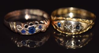 An 18ct gold ring set with a sapphire and diamond (1.7g, missing a sapphire) and a 9ct gold ring set