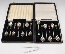 Two cased sets of hallmarked silver spoons comprising a set of coffee bean spoons with multi