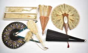 Collection of 19thC fans including carved bone with cut steel decoration, lace and an Italian inlaid