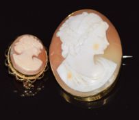 Two 9ct gold brooches set with cameos depicting young women