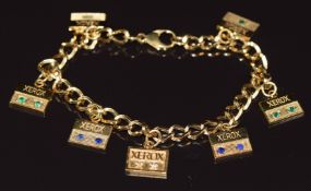 A 9ct gold curb link bracelet with seven XeroX 9ct gold charms, 16.6g 19cm