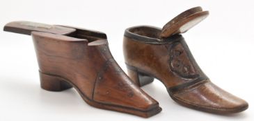 Two 19thC carved mahogany shoes, one a snuff box the other a vesta, longer of the two length 10cm