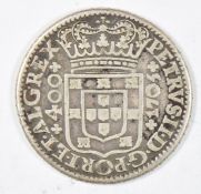 1705 'Pedro II' silver 400 Reis coin, obverse crowned arms, Petrus II DG Portucs Et Alg Rex 400,