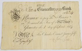 Gloucester Old Bank 1814 provincial Georgian one pound banknote, serial number 524, for Charles