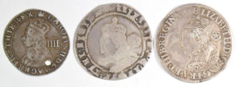 Two Elizabeth I hammered silver sixpences and a Charles II drilled coin