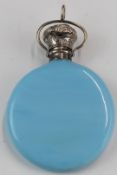Victorian blue glass circular perfume bottle with unmarked embossed silver lid, height 8cm