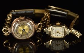 Two 9ct gold ladies wristwatches Buren and Avia, both on gold plated bracelets, largest case