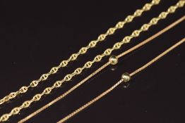 A 9ct gold necklace made up of mariners links (2.2g) and an 18ct gold necklace/ chain with sphere