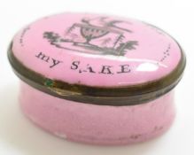 19thC 'Keep this for my sake' enamel pill box, with a bird amongst a garden to lid, length 5cm