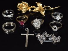 A 9ct gold ring set with treated quartz (1.8g), five silver rings including cubic zirconia, Claddagh