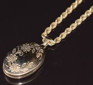 A 9ct gold locket on 9ct rope twist necklace, 8.3g