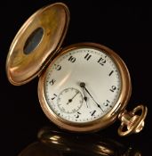 English gold plated keyless winding half hunter pocket watch with inset subsidiary seconds dial,