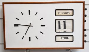 Retro office clock with calendar to side, in mahogany frame, 35 x 63cm