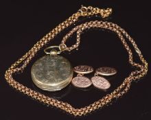 A pair of 9ct rose gold cufflinks with engraved floral decoration (2.6g), rolled gold chain made