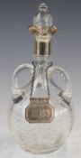 Edward VII hallmarked silver mounted cut glass three handled decanter, Birmingham 1904, maker J