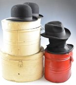 Three tin oval hat boxes, two bowler hats etc., largest diameter 43cm, H30cm