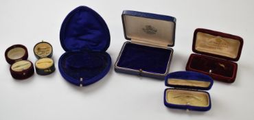 Six antique / vintage jewellers boxes including 'Douglas & Son, Greenock', heart shaped box, etc