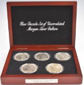 Five Decade Set of Uncirculated Morgan USA Silver Dollars, in deluxe fitted case