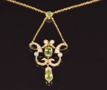 Edwardian 9ct gold necklace set with an emerald & pear cut peridot and seed pearls, 6g