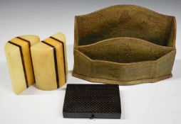 Pair of Art Deco marble or similar book ends, tooled leather letter rack, width 28cm and a black