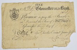 Gloucester Old Bank 1814 provincial Georgian one pound banknote, serial number 87, for Charles Evans