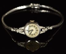 Festa Art Deco diamond set platinum ladies wristwatch with blued hands, black Arabic numerals,