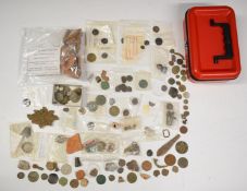 A quantity of detectorist finds to include Roman coins, pottery, thimbles, hinge fragment,