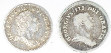 1762 George III Maundy 3d, NEF and an 1805 George III Irish five pence bank token, F