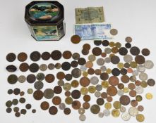 Collection of UK and overseas coinage including William III sixpence, Cirencester token, Roman