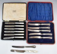 Two cased sets of knives, one with hallmarked silver blades and mother of pearl handles London 1938,