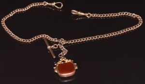 A 9ct rose gold double watch chain and 9ct gold swivel fob set with bloodstone and carnelian