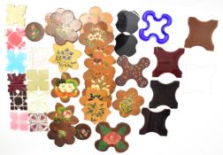 Sewing, needlework and embroidery interest glass, agate and hand decorated wooden thread winders and