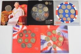 Five Royal Mint UK brilliant uncirculated coin sets comprising 2001, 2003, 2005,  2008 and 2012